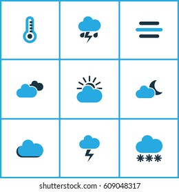 Climate Colored Icons Set. Collection Of Snowfall, Overcast, Thermometer And Other Elements. Also Includes Symbols Such As Gust, Wind, Temperature.