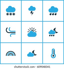 Climate Colored Icons Set. Collection Of Wind, Overcast, Rainfall And Other Elements. Also Includes Symbols Such As Cloud, Winter, Lightning.