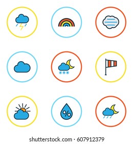 Climate Colored Outlines Set. Collection Of Tempest, Thunderstroke, Cloudy Day And Other Elements. Also Includes Symbols Such As Freeze, Rainbow, Drop.
