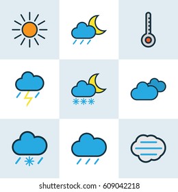 Climate Colored Outlines Set. Collection Of Hail, Tornado, Overcast Weather And Other Elements. Also Includes Symbols Such As Scale, Degree, Sunshine.