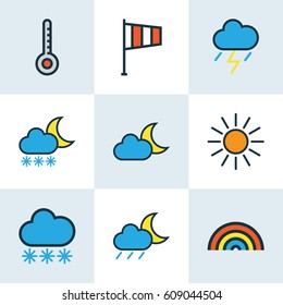 Climate Colored Outlines Set. Collection Of Thunderstroke, Flag, Lunar And Other Elements. Also Includes Symbols Such As Snowing, Degree, Snow.