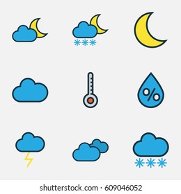 Climate Colored Outlines Set. Collection Of Snowing, Cloudy Day, Raindrop And Other Elements. Also Includes Symbols Such As Overcast, Thermometer, Snowing.