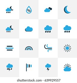 Climate Colorful Icons Set. Collection Of Rainfall, Humidity, Thunderstorm And Other Elements. Also Includes Symbols Such As Breeze, Sunny, Cloud.