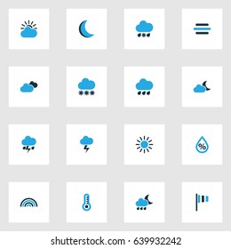 Climate Colorful Icons Set. Collection Of Moonshine, Cloudy Sky, Wind Speed And Other Elements. Also Includes Symbols Such As Thunderstorm, Overcast, Sunny.