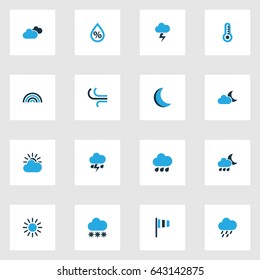 Climate Colorful Icons Set. Collection Of Sunny, Lightning, Snowfall And Other Elements. Also Includes Symbols Such As Variegation, Thermometer, Drop.