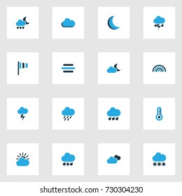 Climate Colorful Icons Set. Collection Of Wind Speed, Snowfall, Thermometer And Other Elements. Also Includes Symbols Such As Lightning, Drizzle, Flag.