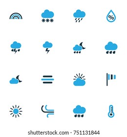 Climate Colorful Icons Set. Collection Of Rainfall, Humidity, Breeze And Other Elements. Also Includes Symbols Such As Variegation, Arc, Sun.