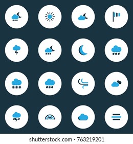 Climate colorful icons set with rainfall, breeze, lightning and other sunny elements. Isolated vector illustration climate icons.