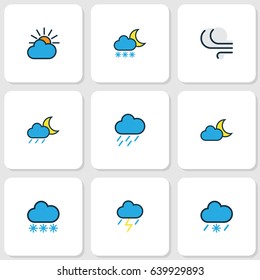 Climate Colorful Outline Icons Set. Collection Of Twilight, Windy, Thunderstroke And Other Elements. Also Includes Symbols Such As Cloud, Twilight, Hazy.
