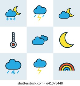 Climate Colorful Outline Icons Set. Collection Of Thunderstroke, Moonbeam, Scale And Other Elements. Also Includes Symbols Such As Overcast, Degree, Storm.