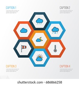 Climate Colorful Outline Icons Set. Collection Of Clouded, Tornado, Scale And Other Elements. Also Includes Symbols Such As Rain, Raindrop, Flag.