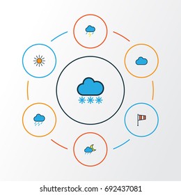 Climate Colorful Outline Icons Set. Collection Of Cloudy Day, Flag, Lunar And Other Elements. Also Includes Symbols Such As Hazy, Sun, Vane.