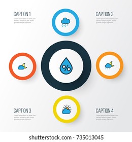 Climate Colorful Outline Icons Set. Collection Of Twilight, Lunar, Raindrop And Other Elements. Also Includes Symbols Such As Solar, Raindrop, Drop.