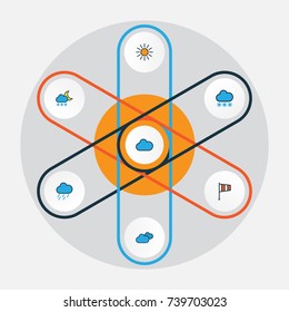 Climate Colorful Outline Icons Set. Collection Of Flag, Cloudy Day, Overcast Weather And Other Elements. Also Includes Symbols Such As Snow, Moon, Flag.