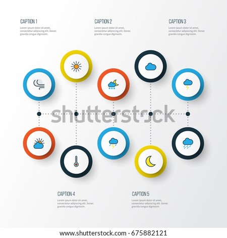 Climate Colorful Outline Icons Set. Collection Of Scale, Moonbeam, Cloudburst And Other Elements. Also Includes Symbols Such As Freeze, Moon, Tempest.