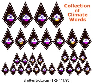 Climate conditions. Hot wind cold weather cool climate words collection. Weather changes. Environment science. Banner labels. Vector stock lettering.