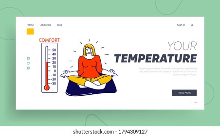 Climate Control, Air Conditioning, Tranquil Meditation Landing Page Template. Relaxed Female Character Sit in Lotus Posture with Thermometer Show Warm Comfort Temperature. Linear Vector Illustration