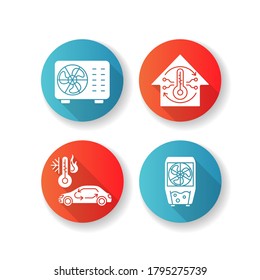 Climate control flat design long shadow glyph icons set. Split air conditioner, evaporative cooler, central conditioning system and car ventilation. Silhouette RGB color illustration