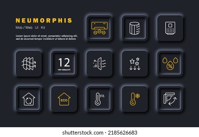 Climate control in the house set icon. Air conditioner, freshener, fresh, germs, humidity, eco, temperature, thermometer, heat, cold, double glazing. Technology concept. Neomorphism. Vector line icon.