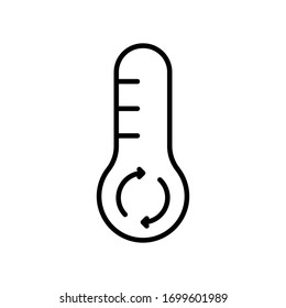 Climate control icon. Linear logo of temperature. Black simple illustration of mercury thermometer with circular arrows. Contour isolated vector emblem on white background