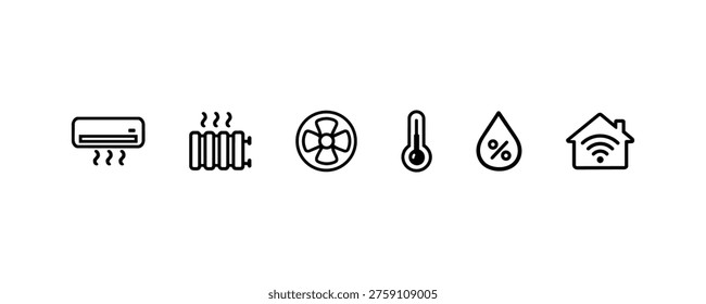 Climate control icons: air conditioning, heating, ventilation, temperature, humidity, smart home.
