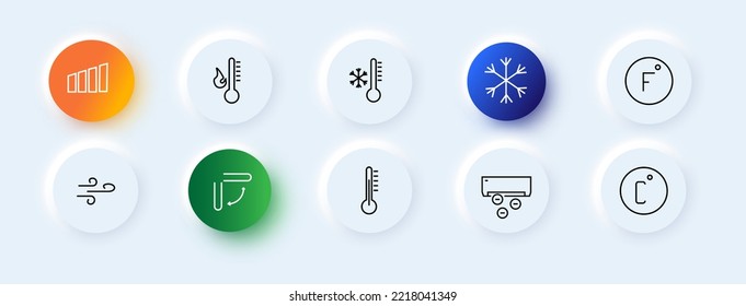 Iconos de control del climatizador establecidos. Calentamiento, enfriamiento, frío, aire limpio, cuchillas, aire acondicionado, grados. Concepto climático. Estilo neomorfista. Icono de línea de vector para negocios.