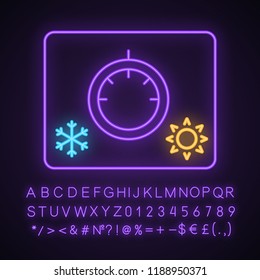 Climate control knob neon light icon. Car temperature regulation. Thermostat. Glowing sign with alphabet, numbers and symbols. Vector isolated illustration