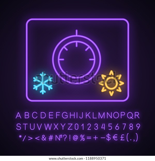 Climate control knob neon light\
icon. Car temperature regulation. Thermostat. Glowing sign with\
alphabet, numbers and symbols. Vector isolated\
illustration