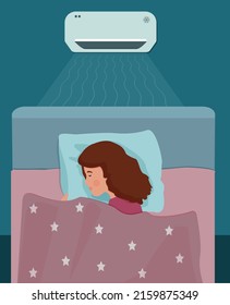 Climate control at night in the bedroom.  A woman uses an air conditioner to cool her room. Vector illustration.