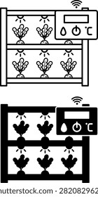 Climate Control Panel Icons. Line and Glyph Vector Illustrations. Electronic Device That Controls Temperature, Lighting, Heating, and Watering Plants in a Greenhouse. Agrotechnology and Smart Farming Concept