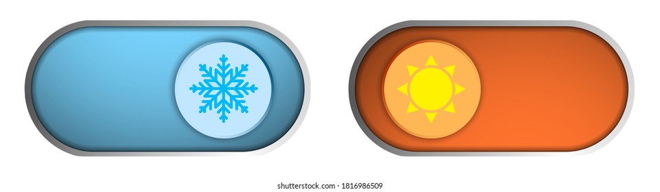 Klimakontrollregler. Button mit Zeichen von Kälte, Schneeflocken und Hitze, Sonne. Schieberegler mit Abnahme- und Ablehnungszeichen. Benutzerschnittstelle. Elektronische Thermostatsteuerung. Einzelvektor