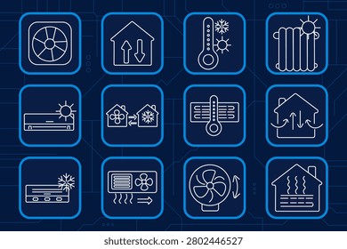 Climate control set icon. Ventilation fan, temperature gauge, radiator heater, air conditioner, thermostat, cooling airflow, heating system, household climate regulation, indoor ventilation