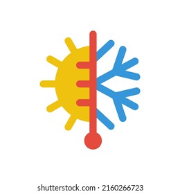 Climate control. Snowflake as symbol of cold. The sun is like high temperature sign. Temperature sensor. Temperature adjustment. Vector illustration flat design. Logo is isolated on white background.