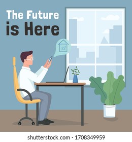 Climate control system social media post mockup. The future is here phrase. Web banner design template. Technology booster, content layout with inscription. Poster, print ads and flat illustration