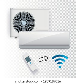 Sistema de control del climatizador con control remoto wi-fi sobre fondo transparente.