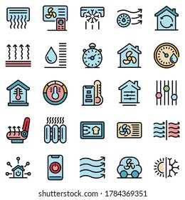 Climate control systems icons set. Outline set of climate control systems vector icons thin line color flat on white