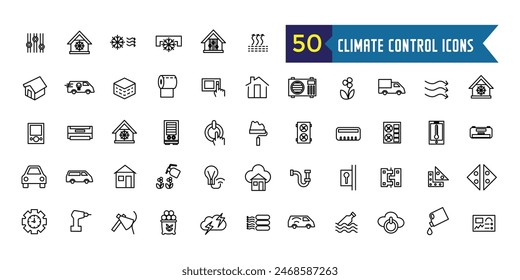 Conjunto de iconos de los sistemas de control del climatizador. Conjunto esquemático de iconos vectoriales de sistemas de control climático para el diseño de ui. Colección de iconos de esquema. Trazo editable.