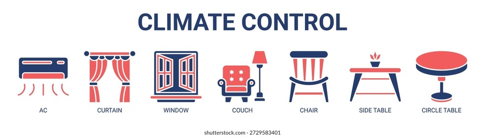 Climate Control Web-Banner-Symbol Vektorgrafik-Konzept mit Symbol von ac, Vorhang, Fenster, Couch, Stuhl, Beistelltisch, und Kreis Tisch.