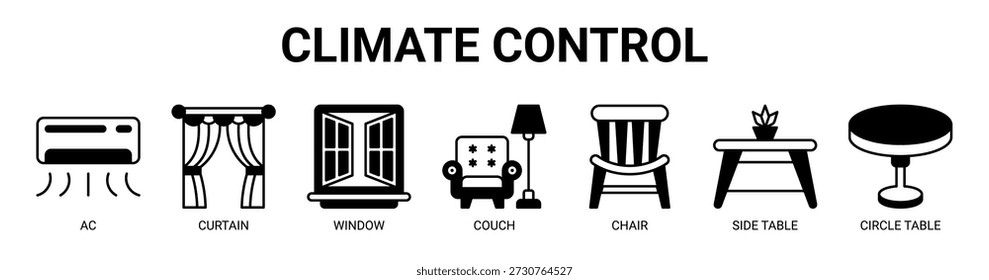 Climate Control web banner icon vector illustration concept with icon of ac, curtain, window, couch, chair, side table, and circle table.