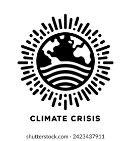 Climate crisis emblem with Earth and rising heat. Black icon of Globe with rays. Vector illustration