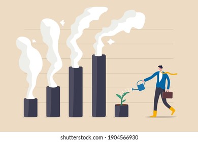 La crisis climática y la política ambiental, el concepto de ESG o problemas ecológicos, el líder empresario riego planta de plántulas en el gráfico de barras con humo de contaminación en aumento.