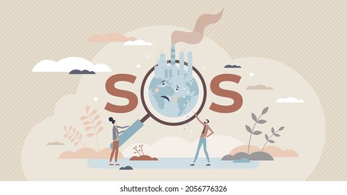 Climate crisis and global warming as environmental danger tiny person concept. Planet pollution with carbon dioxide emissions vector illustration. SOS title with melting earth and ecology emergency.