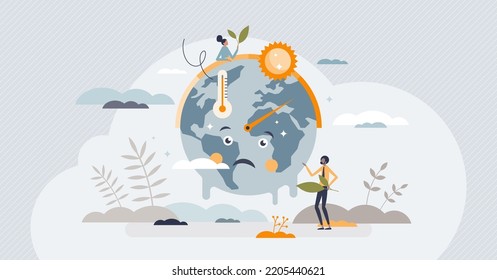 Climate crisis and global warming as planet challenge tiny person concept. Environmental danger with CO2 greenhouse gases pollution and raising temperature vector illustration. World melting problem.