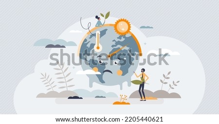 Climate crisis and global warming as planet challenge tiny person concept. Environmental danger with CO2 greenhouse gases pollution and raising temperature vector illustration. World melting problem.
