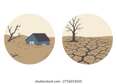 Ilustración de la crisis climática con inundaciones y sequías