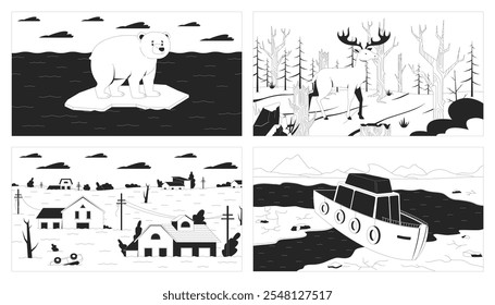 Climate crisis impact black and white line illustrations set. Environmental damage of nature 2D characters and sceneries monochrome backgrounds. Disasters outline scenes vector images collection