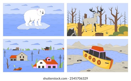 Crise climática impacte cartoon ilustrações plana set. Danos ambientais dos personagens e cenários 2D da natureza coloridos fundos. Disasters cenas vetor storytelling imagens coleção