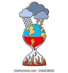 Climate crisis metaphor, hourglass, earth globe melting, cartoon, line art, simple abstract vector graphic