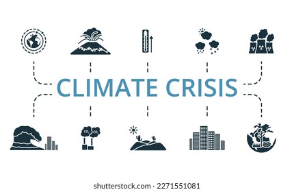 Climate crisis set. Creative icons: changes orbit, vulcanism, temperature rise, weather, nuclear plant, tsunami, carbon dioxide, desert, big city, climate change.