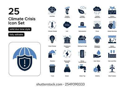 Climate Crisis Solid Duo Tone Icon Set: Environmental Degradation, Rising Sea Levels, and Global Climate Challenges Icons